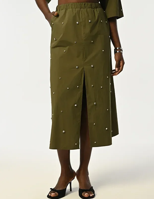 Women's Khaki Color Front Stone-Embroidered Slit Skirt