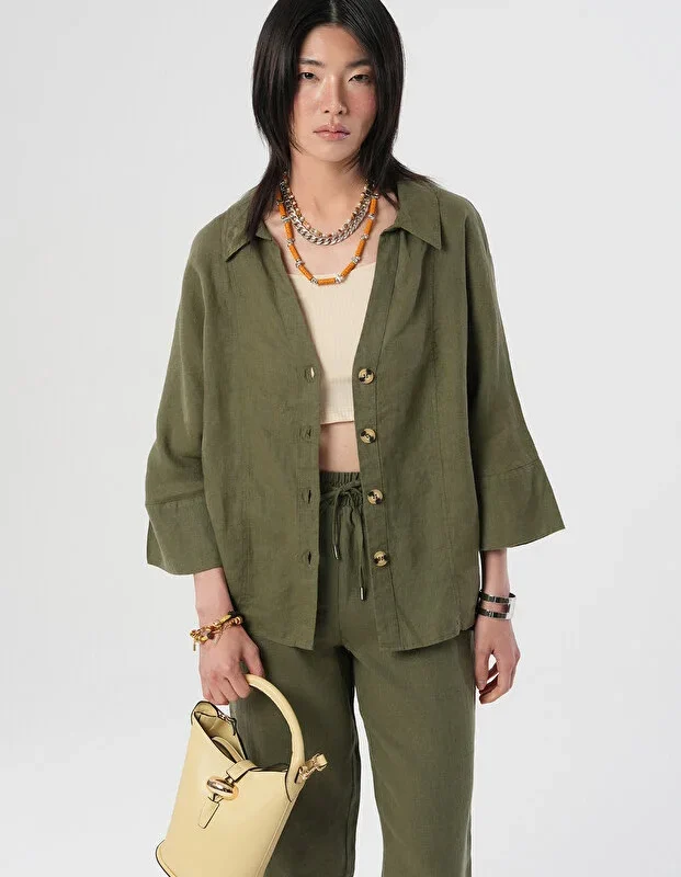 Women's 100% Linen V-Neck Solid Color Shirt