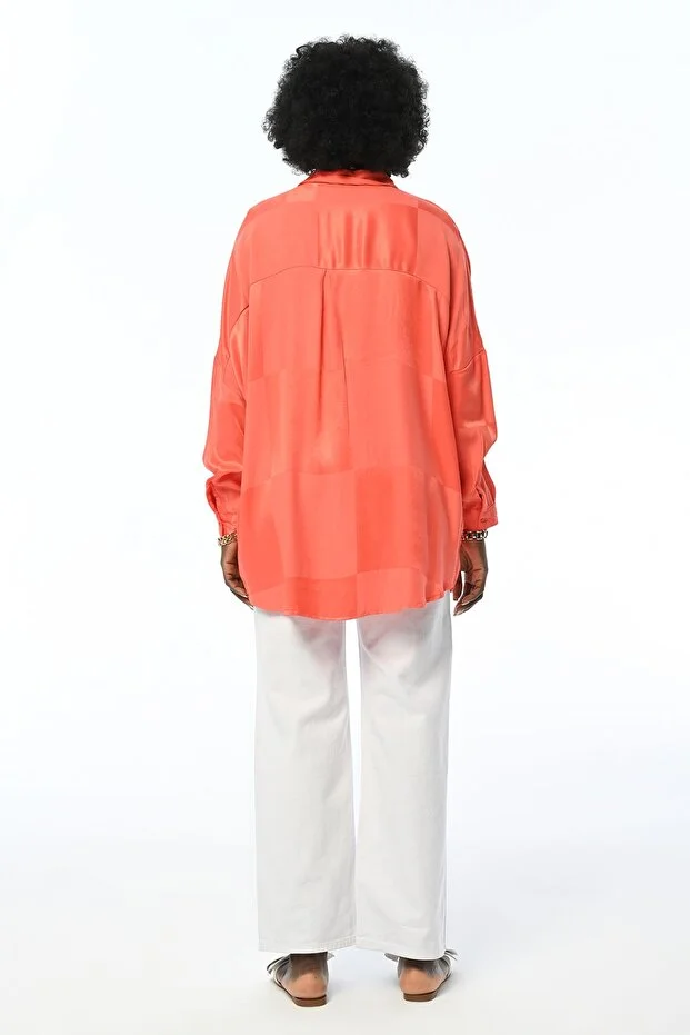 WOMEN'S OVERSIZED FIT JACQUARD PATTERNED POMEGRANATE COLOR SHIRT